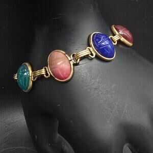 Candida 12K Gold Filled Scarab Bracelet Gemstone Vintage Egyptian Revival